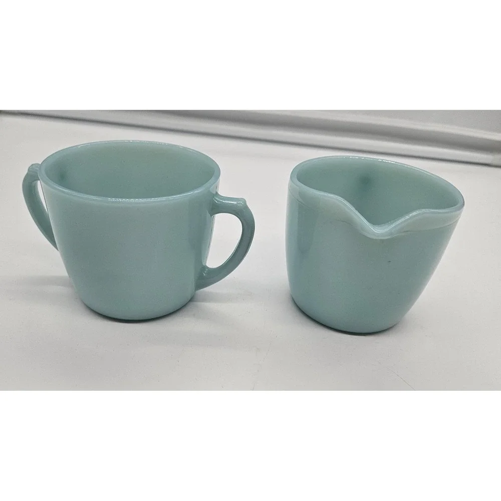 Fire-King Turquoise Blue Milk‎ Glass Creamer and Sugar Bowl Set Vintage USA MCM